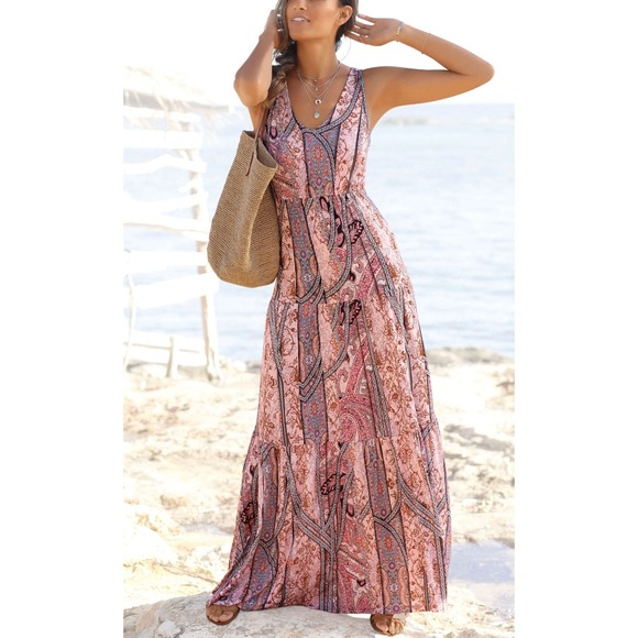 Lascana For Venus Dresses & Skirts - Venus Lascana Dress Womens Small Pink Paisley Boho Tiered Maxi Sleeveless